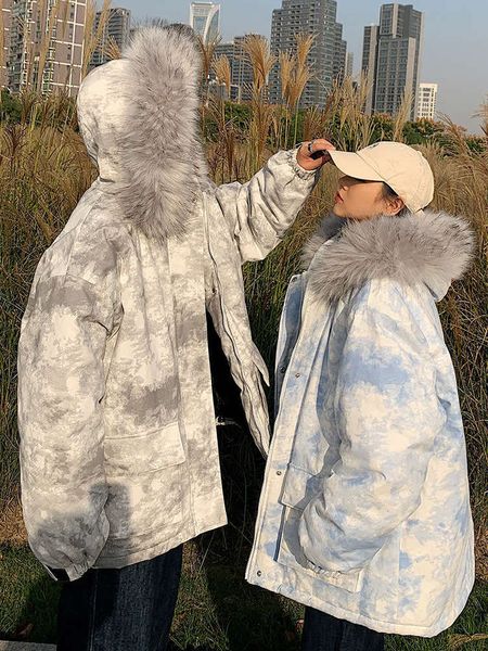 

2021couple's winter work big wool collar tie dyed cotton padded women's bread clothes korean loose, Black