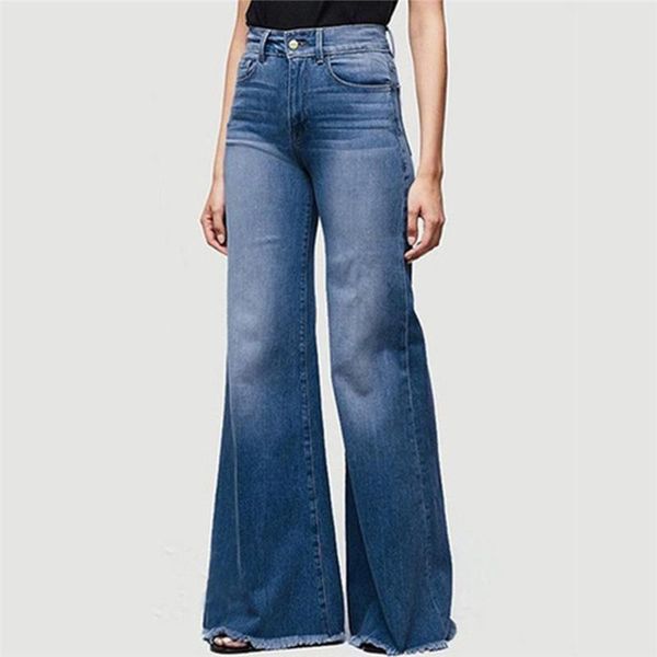 

women's jeans women hight waisted wide leg denim stretch slim pants length button pockets plus size, Blue