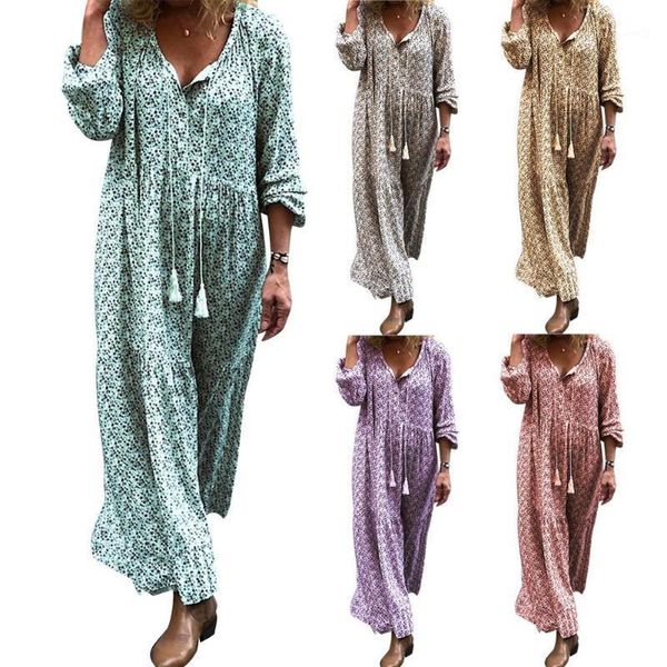 

casual dresses summer women's v-neck floral print long-sleeved autumn dress bohemian long, Black;gray