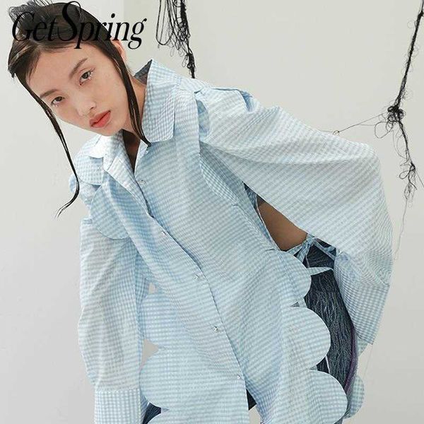 

getspring women blouse puff sleeve irregular long plaid shirt split asymmetry stripe female s 210601, White