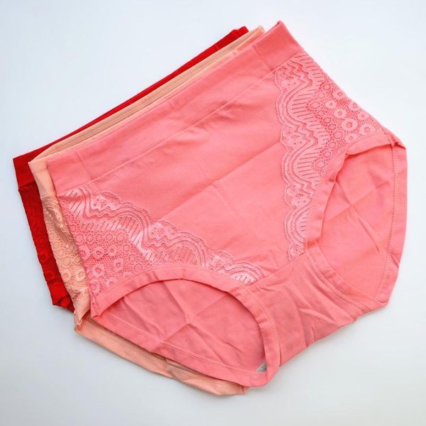 

3pcs xl-6xl big size high waist women's panties cotton briefs lace seamless underpants ladys underwear female intimates 6634, Black;pink