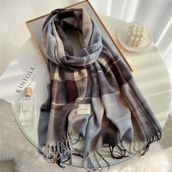 

2021 plaid winter scarf design women cashmere warm shawl lady wrap tassel scarves knitted men foulard thick blanket, Blue;gray