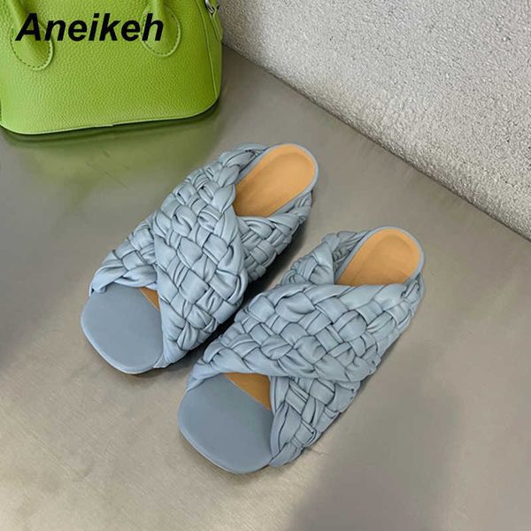 

aneikeh summer fashion women's shoes slippers pu flat with rome concise shallow solid outside checkered leisure classics 210615, Black