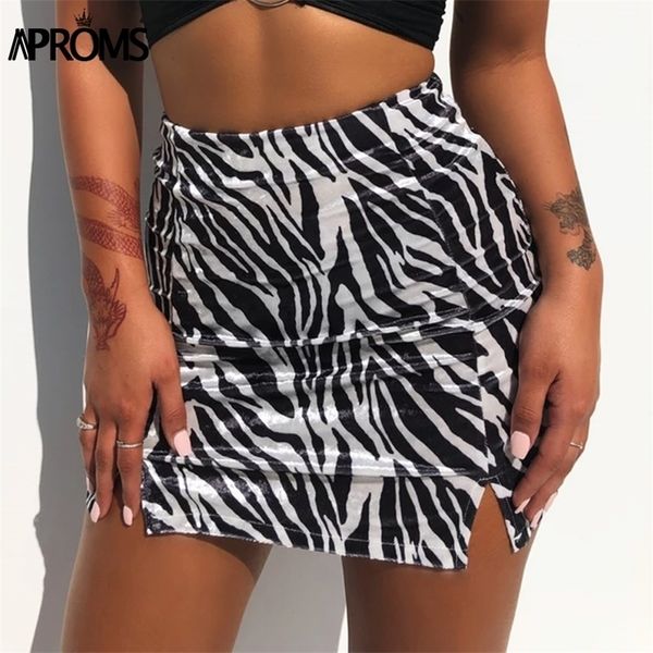 Aprenda Vintage Zebra Impressão Soft Velvet Saia Mulheres Sexy Lateral Split Cintura Alta Mini Saias Femininas Voltar Zipper Bottoms 210310