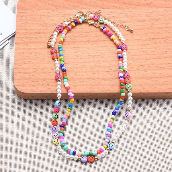 

chokers fashion double layer children acrylic beads handmade choker necklace women girls faux pearl smile beaded diy kids jewel, Golden;silver
