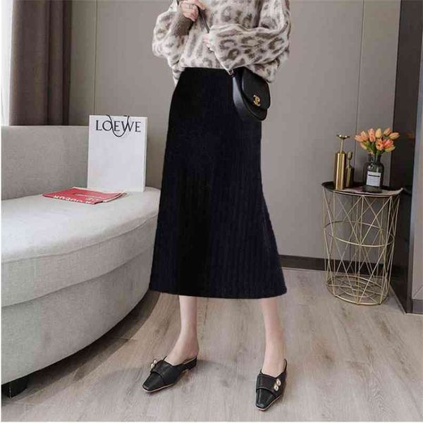 

autumn & winter thick elastic high waist slimming simple black casual women a-line woolen long skirt 210527