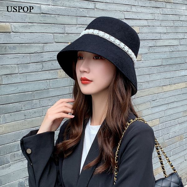 

2021 new winter women wool fedoras bucket pearl flat warm hats i07q, Blue;gray