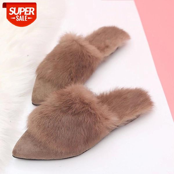 

lcizrong fashion winter women outside and home slippers faux fur warm shoes woman slip on flats female fur flip flops slippers #cx6m, Black