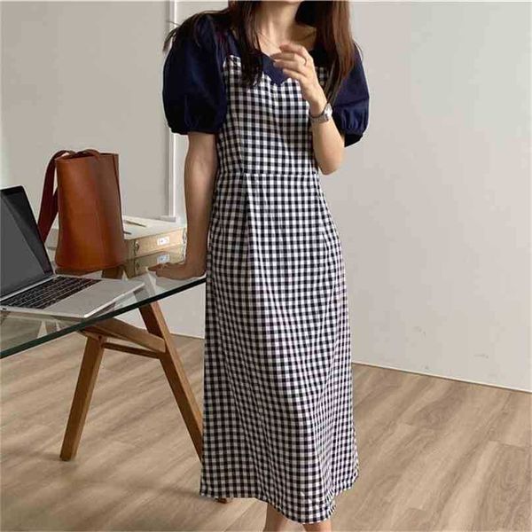 Koreanische Blaue Dame Sommer Plaid Outwear Sanfte Lange Kleider Party Prom Französisch Vintage Alle Match Chic Vestidos 210525