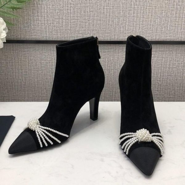 

boots women thin high heel pearl chain decoration elastic fabric zip shoes solid color zapatos de mujer pointed toe, Black