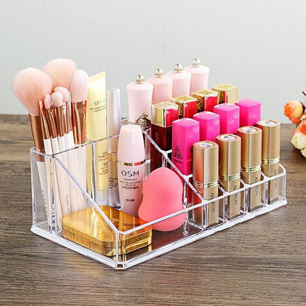 

16 lattices acrylic makeup organizer for cosmetics containers lipstick storage box makeup brush holder table nail polish rack