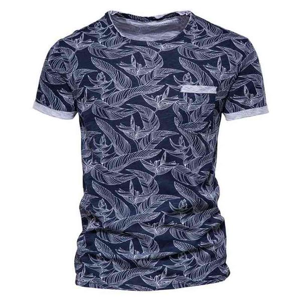 Aiopeson folha impressa camiseta homens bolso casual de alta qualidade 100% algodão vestuário de algodão verão estilo havaí s 210707