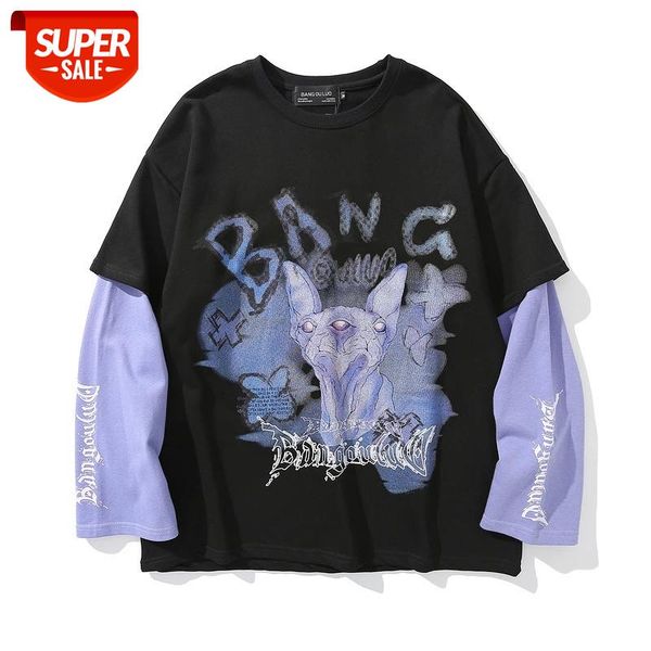 

seveyfan 2021 men's hip hop t shirts fake two pieces cat printed tees summer cotton long sleeve for male #uq5p, White;black