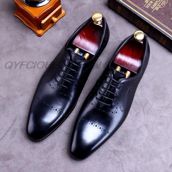 

2022 classic man oxford dress shoes real leather brogue pointed toe lace up black brown office business formal footwear for men