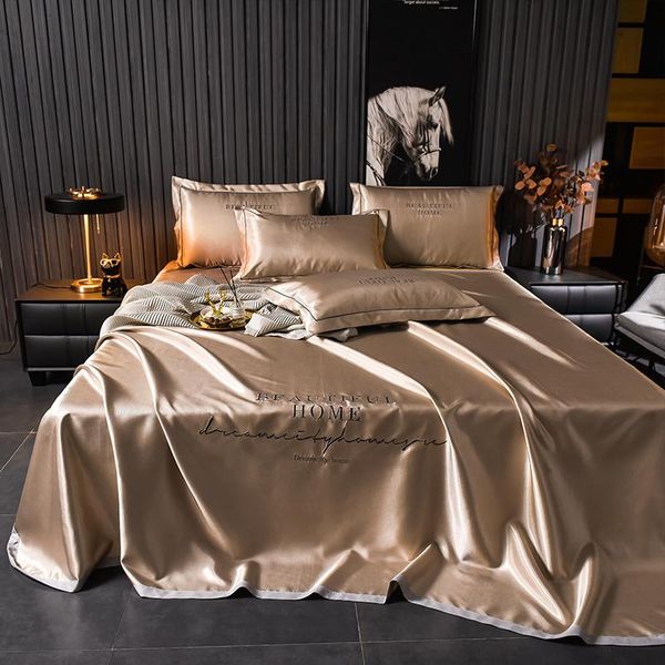 

sheets & sets 2021 embroidered ice silk single solid color bed sheet