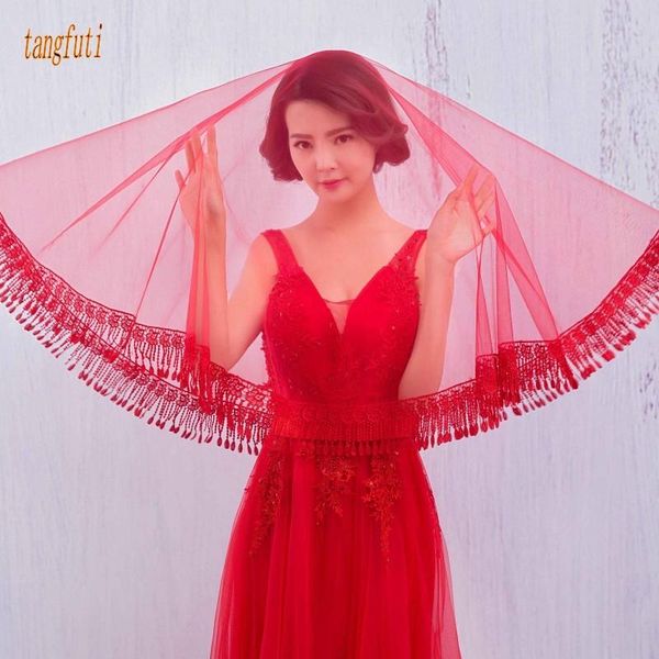 

bridal veils red bride lace veil korean style tassel wedding one layer 1.5 m soft gauze short accessories, Black