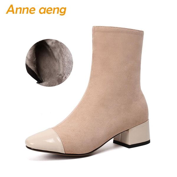 

boots 2021 kid suede winter women ankle 5cm middle square heel zipper pointed toe ladies shoes beige snow, Black