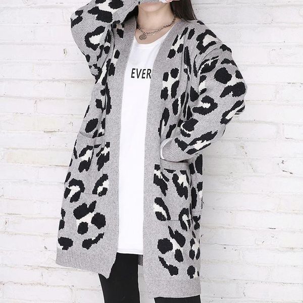 

women's jackets jacket women leopard sweater coat autumn loose cardigan female casual fashion knitted coats elegant knitwear outerwear, Black;brown