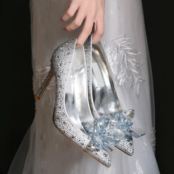 

dress shoes 2021 est cinderella rhinestone high heels women pumps pointed toe woman crystal party wedding princess, Black