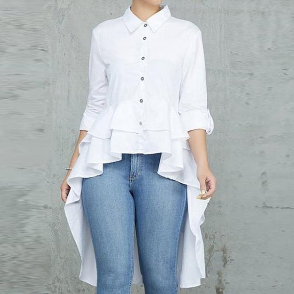 

2021 new women shirt ruffles long sleeves high low irregular length blouses casual fashion srping white bluas button up ladies wear sh2