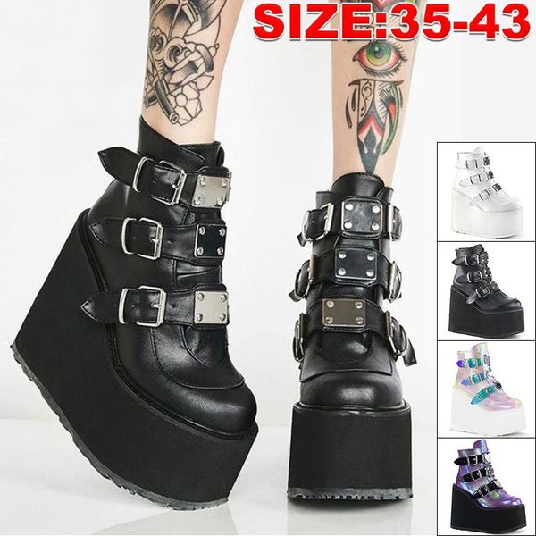 

ins brand high thicken platform ankle boots women pvc strap decorating buckle high wedges shoes women boots mixed colors, Black