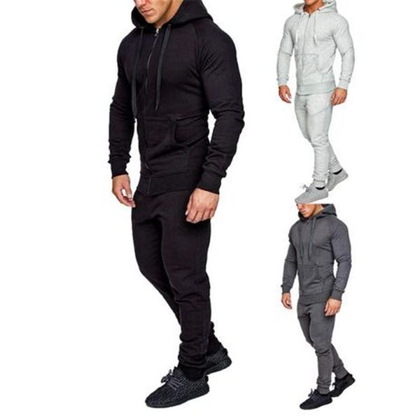 

men's tracksuits fall winter men outfits zipper long sleeves rib hooded with pockets + pants 2pcs male solid color sportswear, Gray