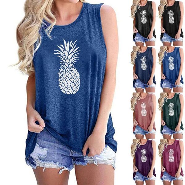 

women's t-shirt vest pineapple pattern printing round collar short sleeve, White