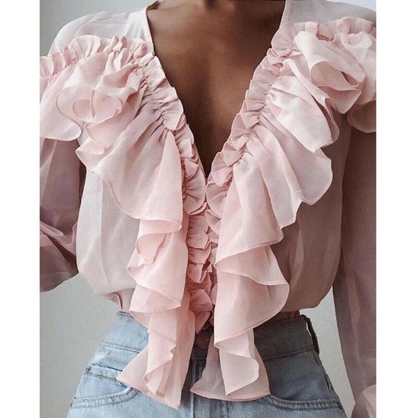 

women's blouses & shirts women chiffon solid color v-neck ruffle trim blouse ladies casual long sleeve shirt loose female blusas, White