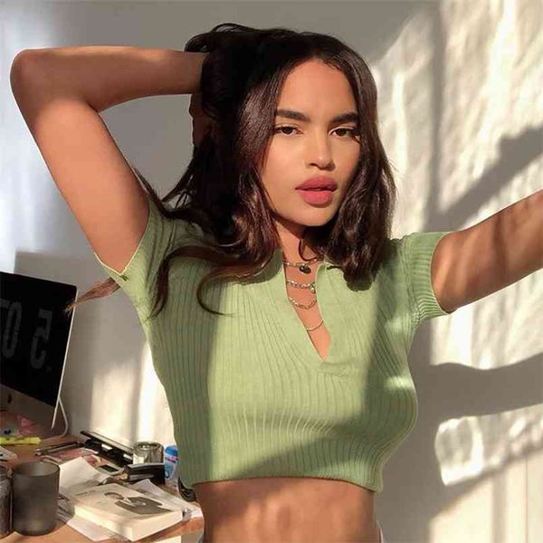 

solid color tee clothing european and american knitted polo collar women's short-sleeved y2k t-shirt short 210708, White