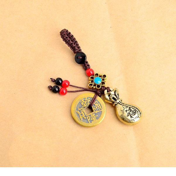

handmade rope lucky feng shui hanging vintage brass money bag keychain pendant jewelry ancient five emperors coins car k qylstr