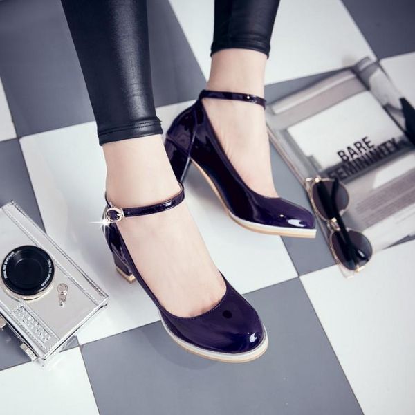 

dress shoes big size 9 - ladies high heels women woman pumps round head thick with word buckle, Black