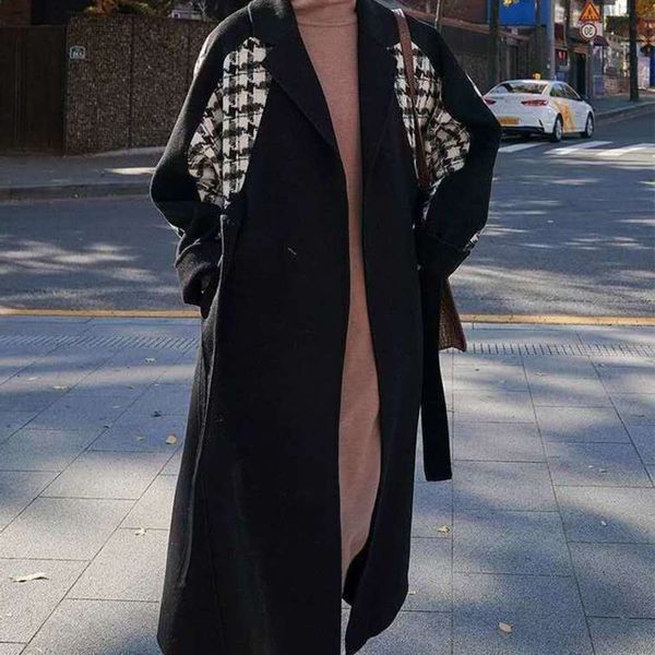 

20212020 double faced wool overcoat mid length women's autumn and winter korean loose casual thousand bird lattice stitched woolen jack, Black