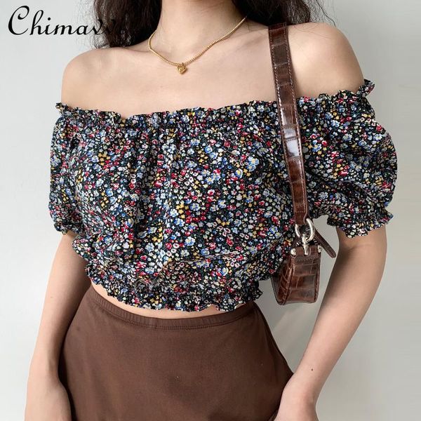 

women's blouses & shirts shoulder floral short lady puff sleeve corset blouse casual printing for teenage girls summer, White