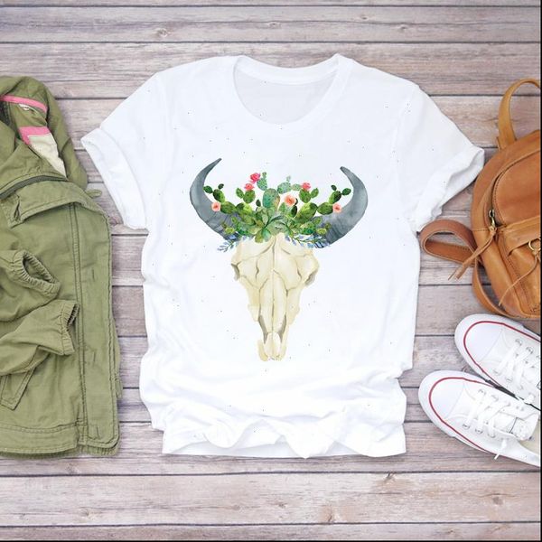 

women cactus heifer cow skull floral short sleeve clothing summer shirt t shirts t graphic female womens tee t shirt, White