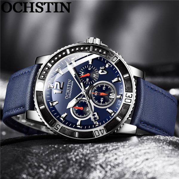 

wristwatches ochstin man wristwatch chronograph sport men watch military blue genuine leather fashion male clock 6045, Slivery;brown