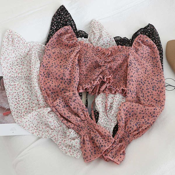 

women's blouses & shirts autumn korean style puff sleeve pleated drawstring fungus sweet one-word strapless floral chiffon shirt elqx, White