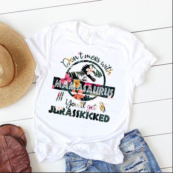 

women lady t shirt dinosaur mama printed tshirt ladies short sleeve loose tee shirt women female clothes graphic t shirt, White