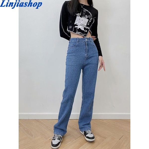 

women's jeans spring summer women long high waist loose straight pants korean chic fashion female trousers, Blue