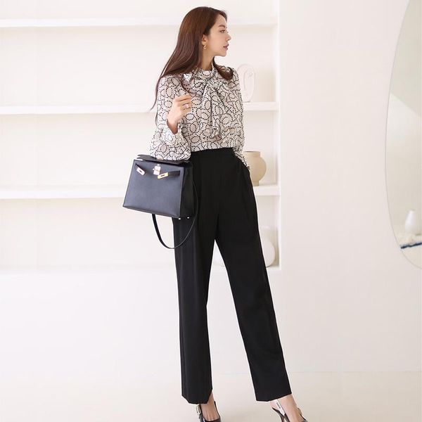 

women's two piece pants 2021 spring women lantern sleeve shirt and pant suit lady bow + wide leg trousers office work 2 peice set, White