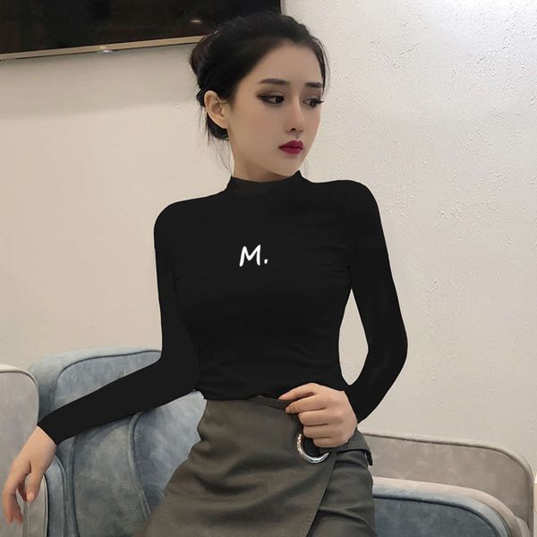 

black half high collar base shirt women's autumn winter foreign long sleeve 2021 spring and summer new style with t-shirt tights, White