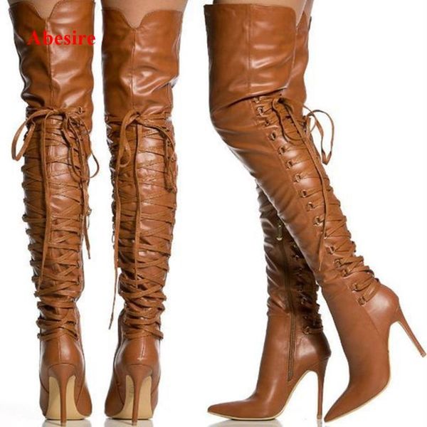 

boots pointed toe over the knee cross tied leather brown red thin heel height women shoes winter fashion arrivals lace up, Black