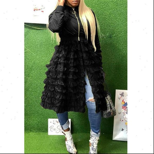 

women ladies zip jackets fashion new ruffle lace splice long coats plus size mesh fishnet jacket long sleeve coat overcoat, Black;brown