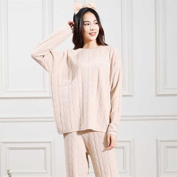 

latest women's pajamas set sleepwear home clothes sweater thick round neck nightwear wick yarn loose knitted autumn and winter 211109, Black;red
