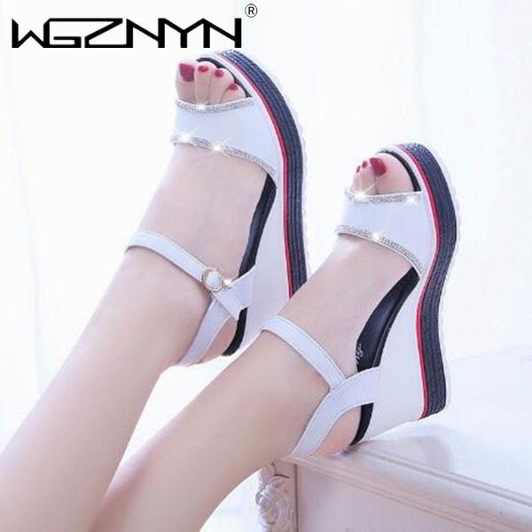 

sandals 2021 wedges crystal woman fashion summer heels women's ankle buckle strap shoes for female footwear peep toe, Black