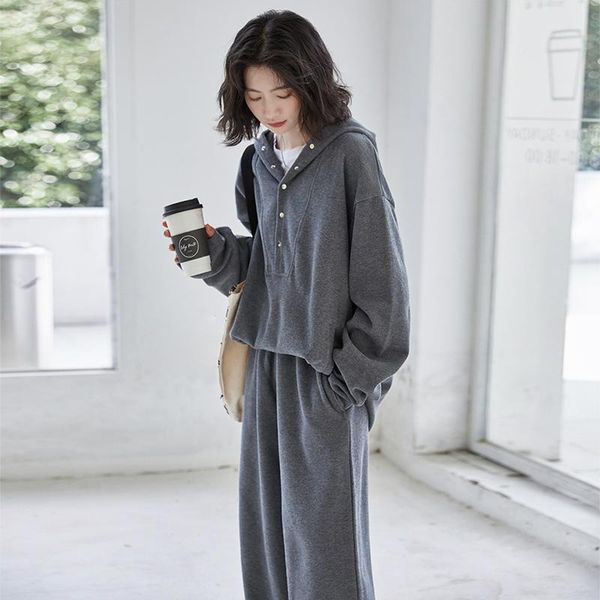 

women's two piece pants fashion two-piece female leisure sports suit early autumn 2021 gray hooded sweater + casual wide-leg, White