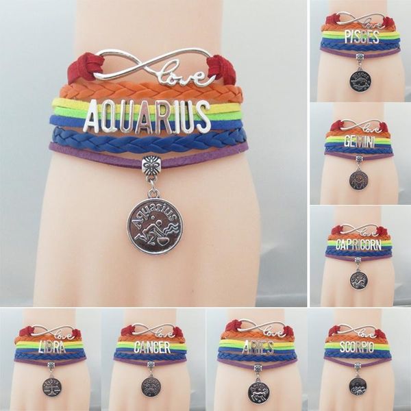 

tennis jephne vintage rainbow braided multilayer infinity love coin zodiac charm bracelet 12 constellation bracelets birthday bff gifts, Golden;silver