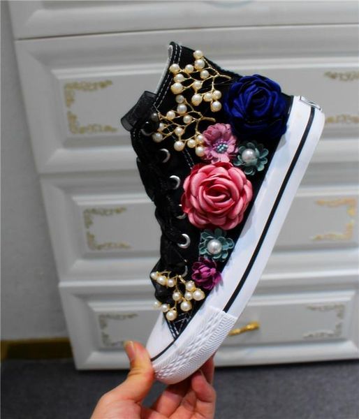 

boots women's canvas 2021 spring shoes white female high help custom rhinstone sequins flowers flat for girls, Black