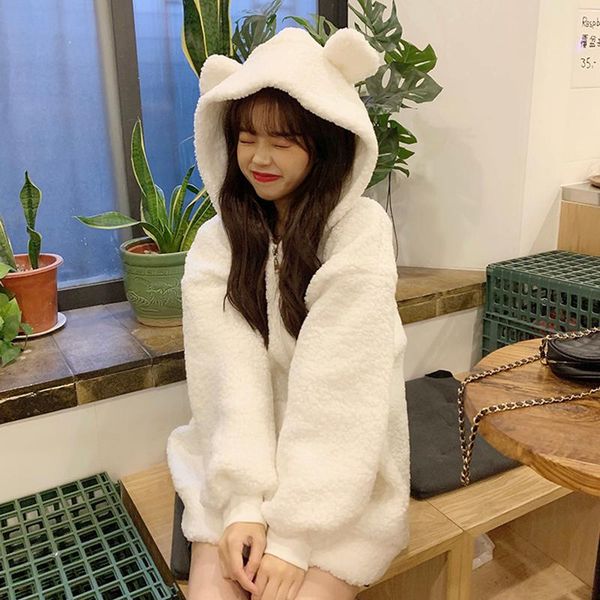 

women's hoodies & sweatshirts lucyever imitation lamb thick warm cute bear ears white women winter loose hooded clothes femme, Black