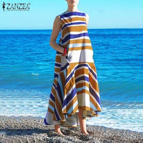 

casual dresses plus size zanzea eelgant women dress 2021 summer print tank maxi vestidos striped long sundress ladies loose a-line robe, Black;gray