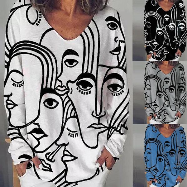 

2021 new fashion abstract human face printed women t-shirt long sleeve harajuku graphic tees round-neck female plus size enkk, White